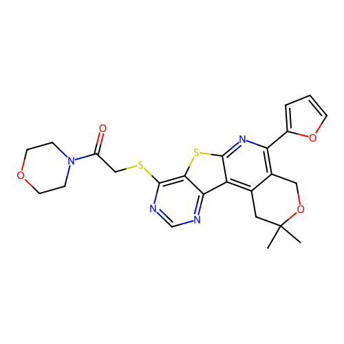 2-((5-(furan-2-yl)-2,2-dimethyl-2,4-dihydro-1H-pyrano[4'',3'':4',5']pyrido[3',2':4,5]thieno[3,2-d]pyrimidin-8-yl)thio)-1-morpholinoethanone structure