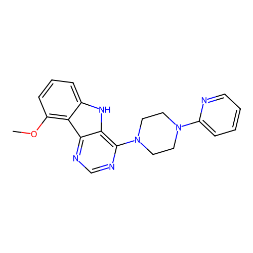 9-methoxy-4-(4-(pyridin-2-yl)piperazin-1-yl)-5H-pyrimido[5,4-b]indole structure