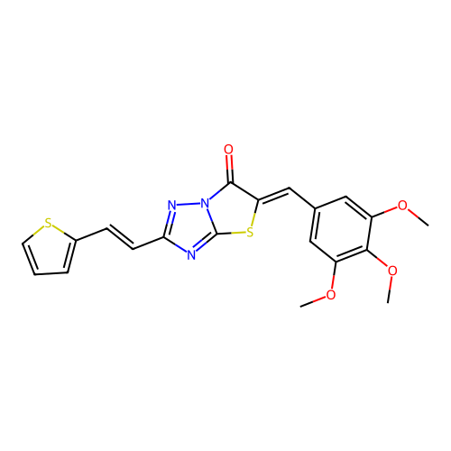 (5Z)-2-[(E)-2-(thiophen-2-yl)ethenyl]-5-(3,4,5-trimethoxybenzylidene)[1,3]thiazolo[3,2-b][1,2,4]triazol-6(5H)-one structure
