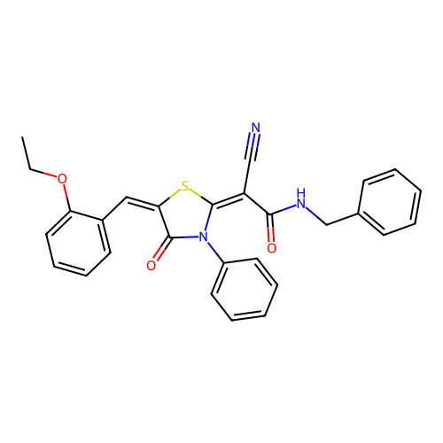 (2E)-N-benzyl-2-cyano-2-[(5E)-5-[(2-ethoxyphenyl)methylidene]-4-oxo-3-phenyl-1,3-thiazolidin-2-ylidene]acetamide structure