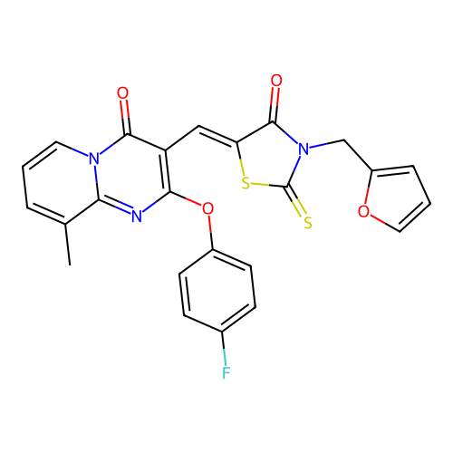 2-(4-fluorophenoxy)-3-{(Z)-[3-(furan-2-ylmethyl)-4-oxo-2-thioxo-1,3-thiazolidin-5-ylidene]methyl}-9-methyl-4H-pyrido[1,2-a]pyrimidin-4-one structure