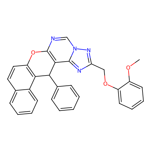 2-[(2-methoxyphenoxy)methyl]-14-phenyl-14H-benzo[5,6]chromeno[3,2-e][1,2,4]triazolo[1,5-c]pyrimidine structure