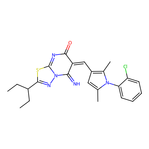 (E)-6-((1-(2-chlorophenyl)-2,5-dimethyl-1H-pyrrol-3-yl)methylene)-5-imino-2-(pentan-3-yl)-5H-[1,3,4]thiadiazolo[3,2-a]pyrimidin-7(6H)-one structure