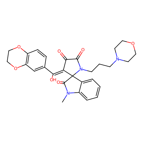 (4'E)-4'-[2,3-dihydro-1,4-benzodioxin-6-yl(hydroxy)methylidene]-1-methyl-1'-(3-morpholin-4-ylpropyl)spiro[indole-3,5'-pyrrolidine]-2,2',3'-trione structure