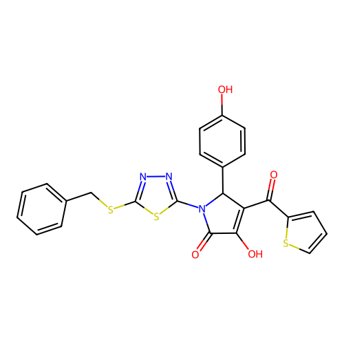 (4E)-1-[5-(benzylsulfanyl)-1,3,4-thiadiazol-2-yl]-5-(4-hydroxyphenyl)-4-[hydroxy(thiophen-2-yl)methylidene]pyrrolidine-2,3-dione structure
