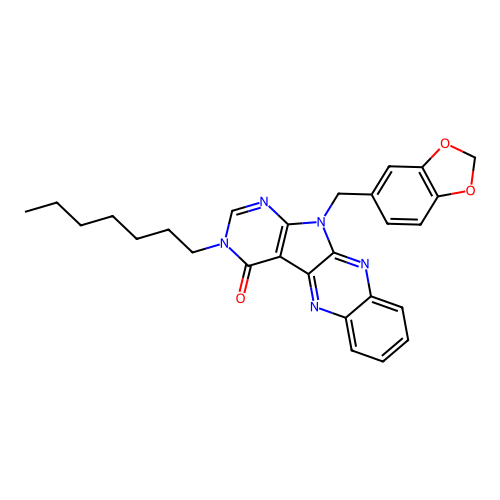 11-(1,3-benzodioxol-5-ylmethyl)-3-heptyl-3,11-dihydro-4H-pyrimido[5',4':4,5]pyrrolo[2,3-b]quinoxalin-4-one structure