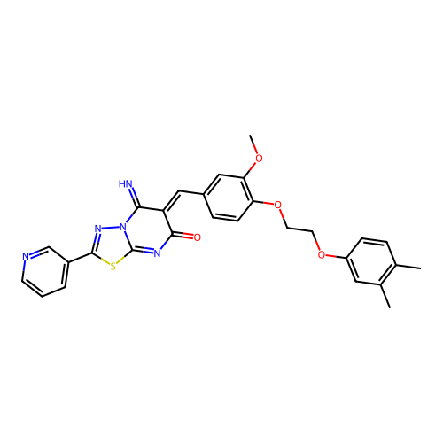 (6Z)-6-[[4-[2-(3,4-dimethylphenoxy)ethoxy]-3-methoxyphenyl]methylidene]-5-imino-2-pyridin-3-yl-[1,3,4]thiadiazolo[3,2-a]pyrimidin-7-one structure