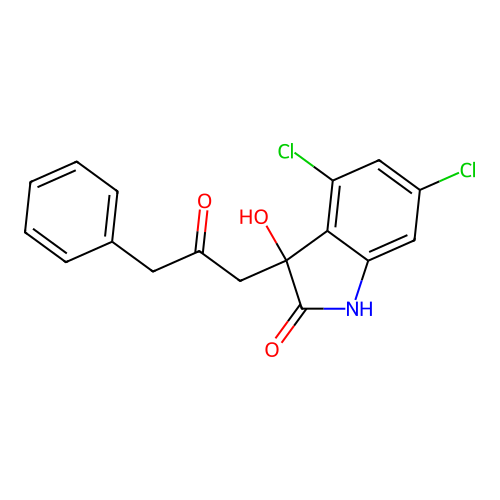 4,6-dichloro-3-hydroxy-3-(2-oxo-3-phenylpropyl)-1,3-dihydro-2H-indol-2-one structure