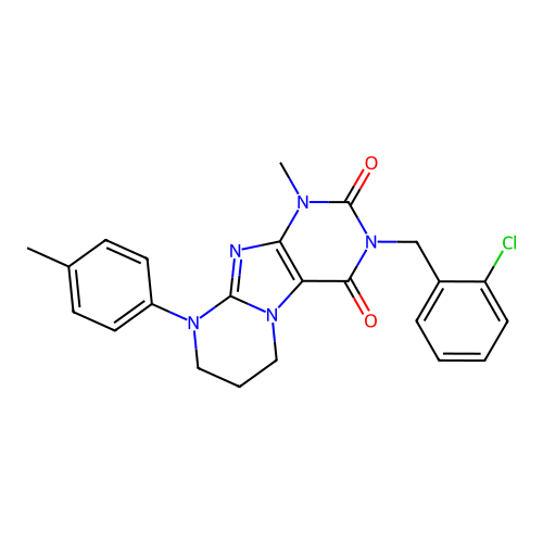 3-(2-chlorobenzyl)-1-methyl-9-(4-methylphenyl)-6,7,8,9-tetrahydropyrimido[2,1-f]purine-2,4(1H,3H)-dione structure