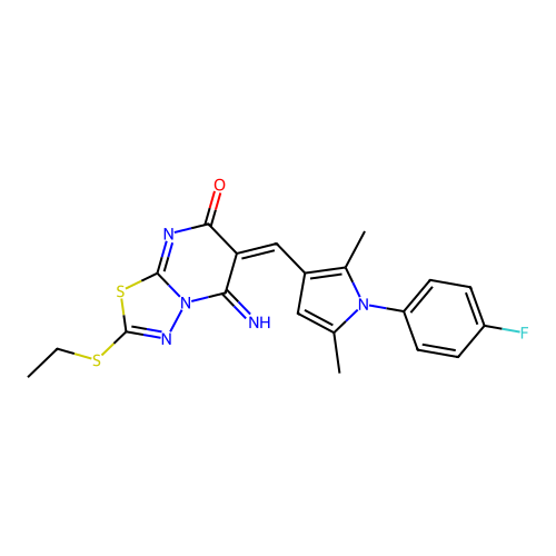 (6E)-2-(ethylsulfanyl)-6-{[1-(4-fluorophenyl)-2,5-dimethyl-1H-pyrrol-3-yl]methylidene}-5-imino-5,6-dihydro-7H-[1,3,4]thiadiazolo[3,2-a]pyrimidin-7-one structure