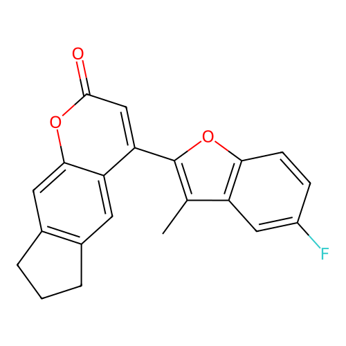 4-(5-fluoro-3-methylbenzofuran-2-yl)-7,8-dihydrocyclopenta[g]chromen-2(6H)-one structure