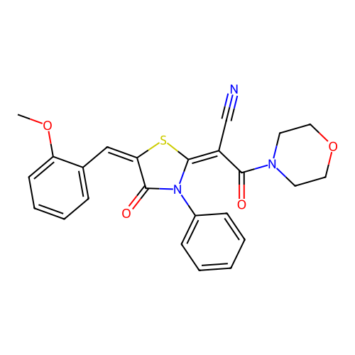 (2E)-2-[(5E)-5-(2-methoxybenzylidene)-4-oxo-3-phenyl-1,3-thiazolidin-2-ylidene]-3-(morpholin-4-yl)-3-oxopropanenitrile structure