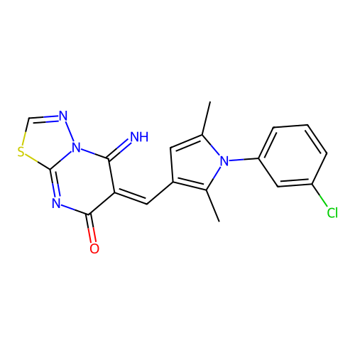 (E)-6-((1-(3-chlorophenyl)-2,5-dimethyl-1H-pyrrol-3-yl)methylene)-5-imino-5H-[1,3,4]thiadiazolo[3,2-a]pyrimidin-7(6H)-one structure