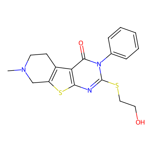 2-((2-hydroxyethyl)thio)-7-methyl-3-phenyl-5,6,7,8-tetrahydropyrido[4',3':4,5]thieno[2,3-d]pyrimidin-4(3H)-one structure