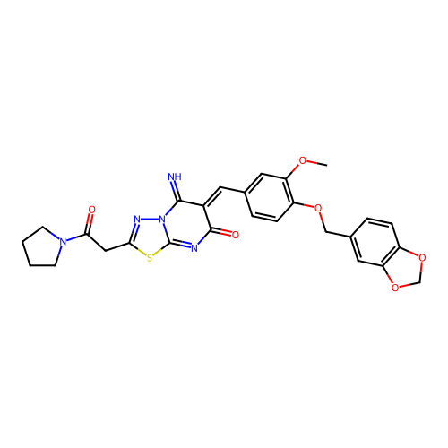 (6Z)-6-[[4-(1,3-benzodioxol-5-ylmethoxy)-3-methoxyphenyl]methylidene]-5-imino-2-(2-oxo-2-pyrrolidin-1-ylethyl)-[1,3,4]thiadiazolo[3,2-a]pyrimidin-7-one structure