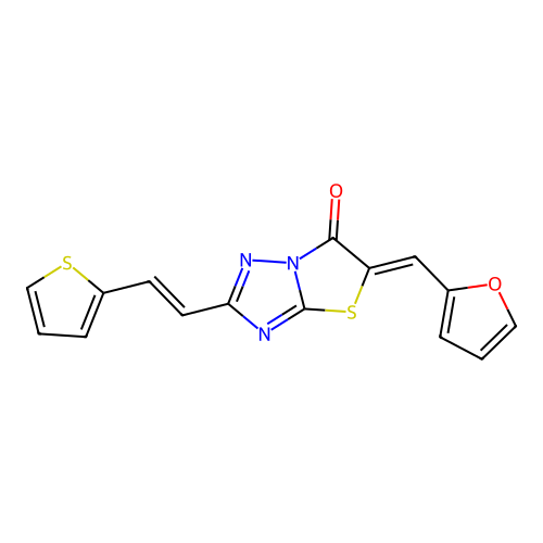 (5Z)-5-(furan-2-ylmethylidene)-2-[(E)-2-(thiophen-2-yl)ethenyl][1,3]thiazolo[3,2-b][1,2,4]triazol-6(5H)-one structure