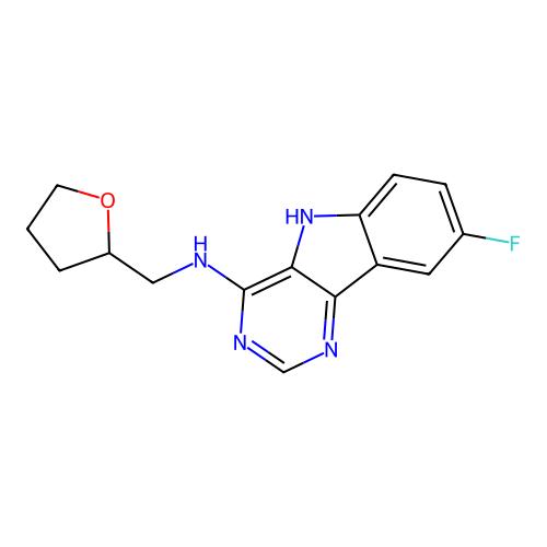 8-fluoro-N-(tetrahydrofuran-2-ylmethyl)-5H-pyrimido[5,4-b]indol-4-amine structure