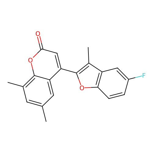4-(5-fluoro-3-methyl-1-benzofuran-2-yl)-6,8-dimethyl-2H-chromen-2-one structure