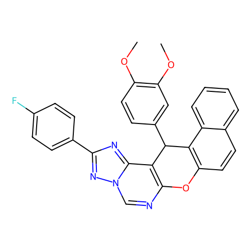 14-(3,4-dimethoxyphenyl)-2-(4-fluorophenyl)-14H-benzo[5,6]chromeno[3,2-e][1,2,4]triazolo[1,5-c]pyrimidine structure