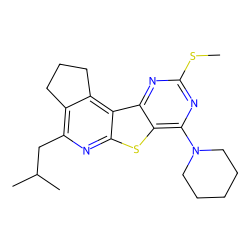 4-(2-methylpropyl)-9-(methylsulfanyl)-7-(piperidin-1-yl)-2,3-dihydro-1H-cyclopenta[4',5']pyrido[3',2':4,5]thieno[3,2-d]pyrimidine structure
