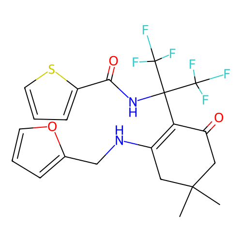 N-(1,1,1,3,3,3-hexafluoro-2-(2-((furan-2-ylmethyl)amino)-4,4-dimethyl-6-oxocyclohex-1-en-1-yl)propan-2-yl)thiophene-2-carboxamide structure