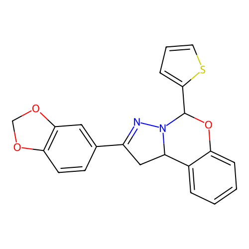 2-(1,3-benzodioxol-5-yl)-5-(thiophen-2-yl)-1,10b-dihydropyrazolo[1,5-c][1,3]benzoxazine structure
