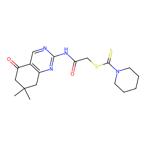 2-[(7,7-dimethyl-5-oxo-5,6,7,8-tetrahydroquinazolin-2-yl)amino]-2-oxoethyl piperidine-1-carbodithioate structure