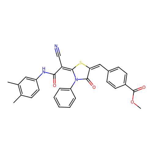 methyl 4-((E)-((E)-2-(1-cyano-2-((3,4-dimethylphenyl)amino)-2-oxoethylidene)-4-oxo-3-phenylthiazolidin-5-ylidene)methyl)benzoate structure