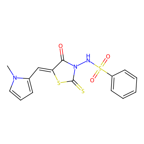 (Z)-N-(5-((1-methyl-1H-pyrrol-2-yl)methylene)-4-oxo-2-thioxothiazolidin-3-yl)benzenesulfonamide structure