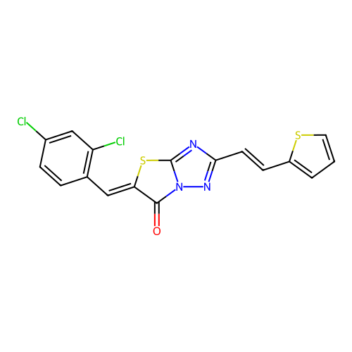 (5Z)-5-(2,4-dichlorobenzylidene)-2-[(E)-2-(thiophen-2-yl)ethenyl][1,3]thiazolo[3,2-b][1,2,4]triazol-6(5H)-one structure
