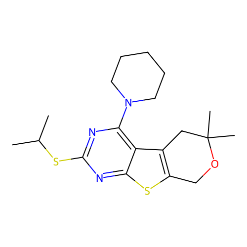 2-(isopropylthio)-6,6-dimethyl-4-(piperidin-1-yl)-6,8-dihydro-5H-pyrano[4',3':4,5]thieno[2,3-d]pyrimidine structure