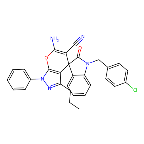 6'-amino-1-(4-chlorobenzyl)-2-oxo-1'-phenyl-3'-propyl-1'H-spiro[indoline-3,4'-pyrano[2,3-c]pyrazole]-5'-carbonitrile structure