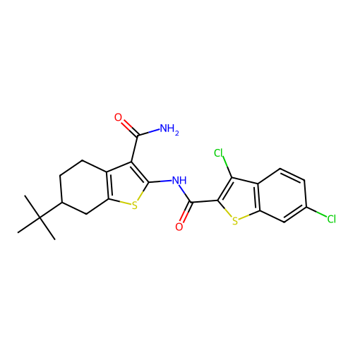 N-(6-(tert-butyl)-3-carbamoyl-4,5,6,7-tetrahydrobenzo[b]thiophen-2-yl)-3,6-dichlorobenzo[b]thiophene-2-carboxamide structure