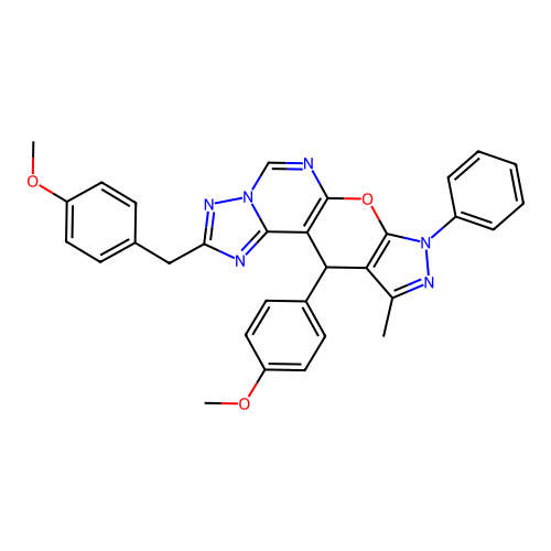 2-(4-methoxybenzyl)-11-(4-methoxyphenyl)-10-methyl-8-phenyl-8,11-dihydropyrazolo[4',3':5,6]pyrano[3,2-e][1,2,4]triazolo[1,5-c]pyrimidine structure