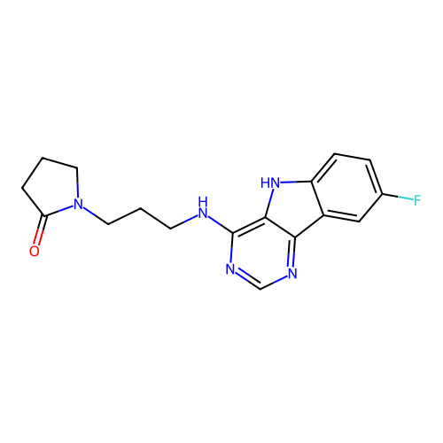 1-(3-((8-fluoro-5H-pyrimido[5,4-b]indol-4-yl)amino)propyl)pyrrolidin-2-one structure