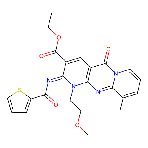 (Z)-ethyl 1-(2-methoxyethyl)-10-methyl-5-oxo-2-((thiophene-2-carbonyl)imino)-2,5-dihydro-1H-dipyrido[1,2-a:2',3'-d]pyrimidine-3-carboxylate structure