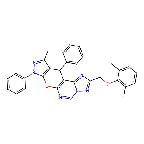 2-[(2,6-dimethylphenoxy)methyl]-10-methyl-8,11-diphenyl-8,11-dihydropyrazolo[4',3':5,6]pyrano[3,2-e][1,2,4]triazolo[1,5-c]pyrimidine structure