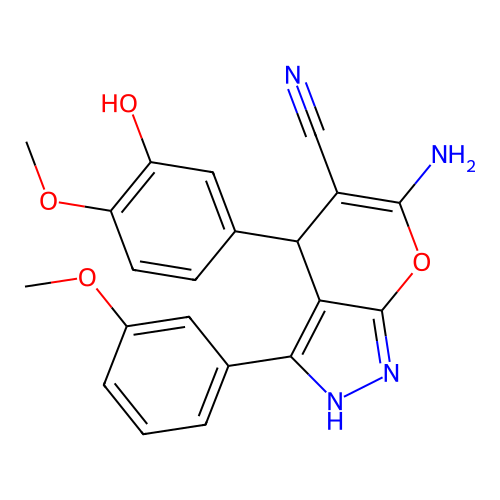 6-amino-4-(3-hydroxy-4-methoxyphenyl)-3-(3-methoxyphenyl)-2,4-dihydropyrano[2,3-c]pyrazole-5-carbonitrile structure