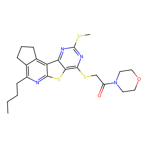 2-((4-butyl-9-(methylthio)-2,3-dihydro-1H-cyclopenta[4',5']pyrido[3',2':4,5]thieno[3,2-d]pyrimidin-7-yl)thio)-1-morpholinoethanone structure