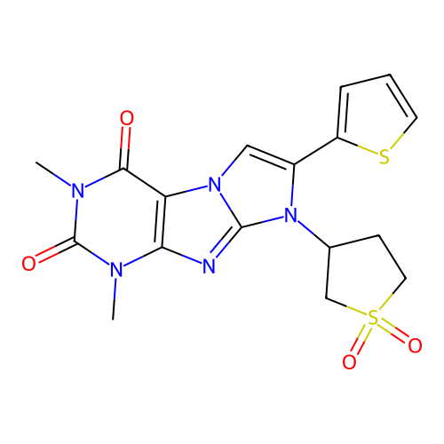 8-(1,1-dioxidotetrahydrothiophen-3-yl)-1,3-dimethyl-7-(thiophen-2-yl)-1H-imidazo[2,1-f]purine-2,4(3H,8H)-dione structure