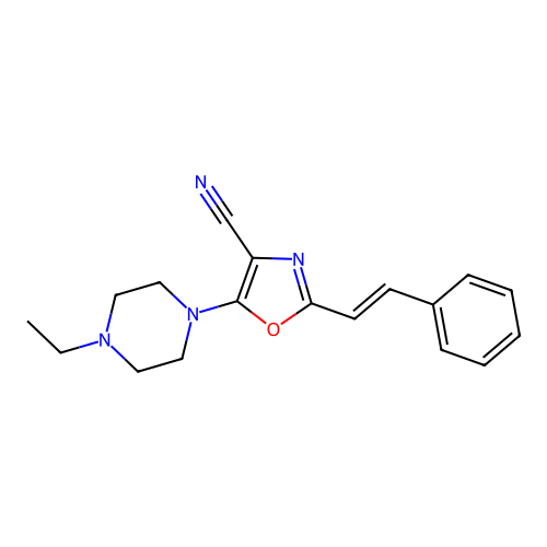 5-(4-ethylpiperazin-1-yl)-2-[(E)-2-phenylethenyl]-1,3-oxazole-4-carbonitrile structure