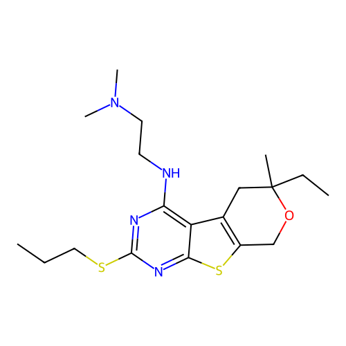 N'-[6-ethyl-6-methyl-2-(propylsulfanyl)-5,8-dihydro-6H-pyrano[4',3':4,5]thieno[2,3-d]pyrimidin-4-yl]-N,N-dimethylethane-1,2-diamine structure