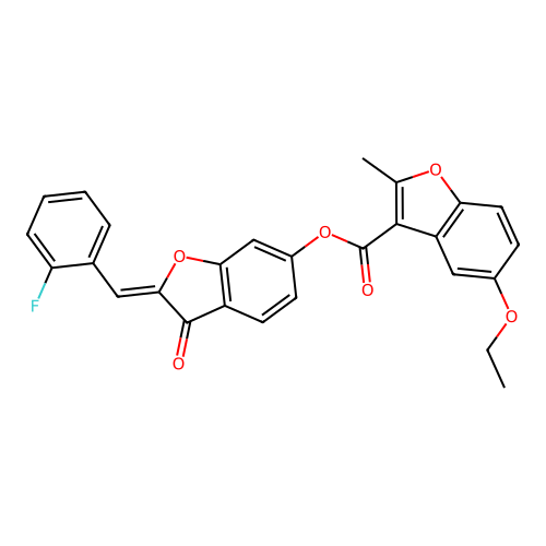 (2Z)-2-(2-fluorobenzylidene)-3-oxo-2,3-dihydro-1-benzofuran-6-yl 5-ethoxy-2-methyl-1-benzofuran-3-carboxylate structure