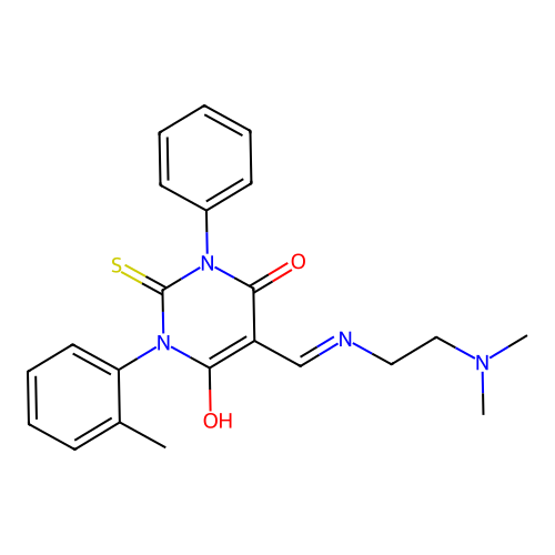 (5E)-5-({[2-(dimethylamino)ethyl]amino}methylidene)-1-(2-methylphenyl)-3-phenyl-2-thioxodihydropyrimidine-4,6(1H,5H)-dione structure