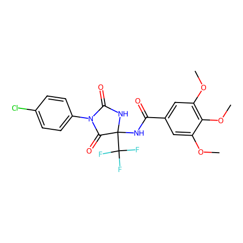 N-(1-(4-chlorophenyl)-2,5-dioxo-4-(trifluoromethyl)imidazolidin-4-yl)-3,4,5-trimethoxybenzamide structure