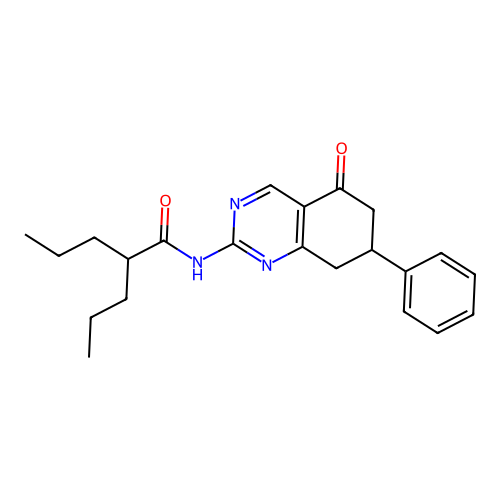 N-(5-oxo-7-phenyl-5,6,7,8-tetrahydroquinazolin-2-yl)-2-propylpentanamide structure