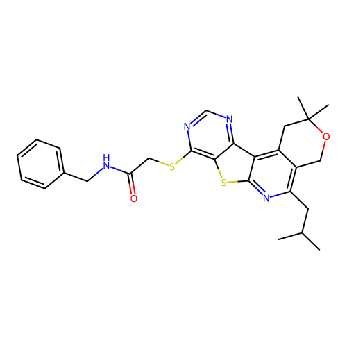 N-benzyl-2-((5-isobutyl-2,2-dimethyl-2,4-dihydro-1H-pyrano[4'',3'':4',5']pyrido[3',2':4,5]thieno[3,2-d]pyrimidin-8-yl)thio)acetamide structure