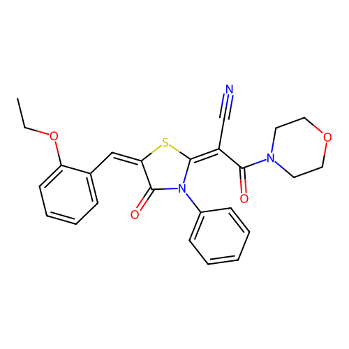 (2E)-2-[(5E)-5-[(2-ethoxyphenyl)methylidene]-4-oxo-3-phenyl-1,3-thiazolidin-2-ylidene]-3-morpholin-4-yl-3-oxopropanenitrile structure