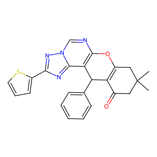 9,9-dimethyl-12-phenyl-2-(thiophen-2-yl)-8,9,10,12-tetrahydro-11H-chromeno[3,2-e][1,2,4]triazolo[1,5-c]pyrimidin-11-one structure