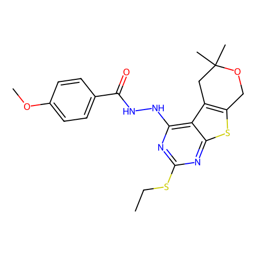 N'-(2-(ethylthio)-6,6-dimethyl-6,8-dihydro-5H-pyrano[4',3':4,5]thieno[2,3-d]pyrimidin-4-yl)-4-methoxybenzohydrazide structure